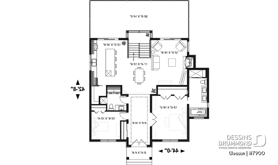 Rez-de-chaussée - Plan de chalet 4 chambres, superbe terrasses arrière, 3 salles de bain, 2 foyers, garde-manger, buanderie - Gleason