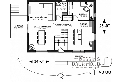 Rez-de-chaussée - Plan de maison écologique 3 to 4 chambres, bureau, plafond cathédral, aire ouverte - Kief