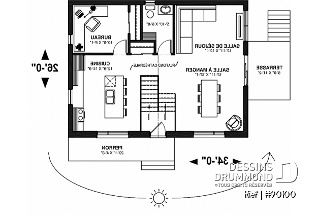 Rez-de-chaussée - Plan de maison écologique 3 to 4 chambres, bureau, plafond cathédral, aire ouverte - Kief