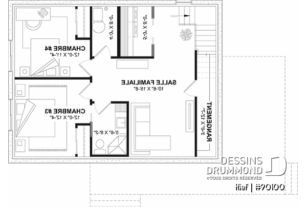 Sous-sol aménagé (Optionel $) du plan de maison unifamiliale 90100 Sous-sol aménagé (Optionel $) - Plan éco-responsable petit chalet ou maison compacte, 2 à 4 chambres, cathédral, s-sol aménagé optionnel ($) - Kief