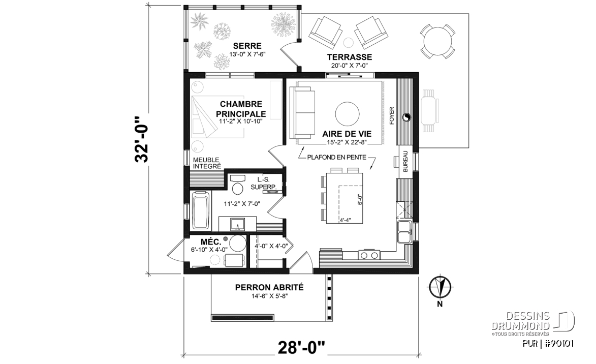 Rez-de-chaussée - Plan de maison éco-responsable avec une (1) chambre avec vue sur serre, plancher à aire ouverte, coin bureau - PUR