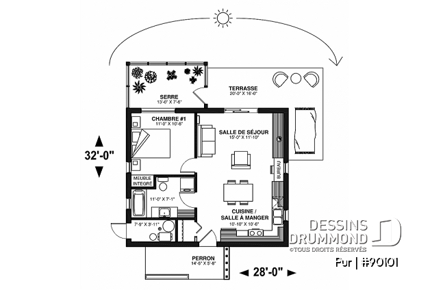 Rez-de-chaussée - Plan de maison écologique une (1) chambre avec vue sur serre, plancher à aire ouverte, coin bureau - PUR