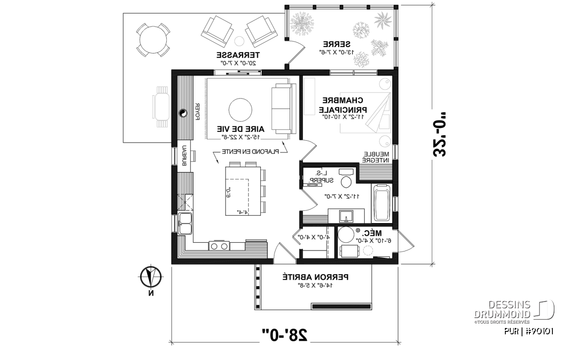 Rez-de-chaussée - Plan de maison éco-responsable avec une (1) chambre avec vue sur serre, plancher à aire ouverte, coin bureau - PUR