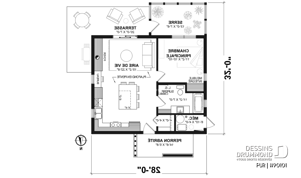 Rez-de-chaussée - Plan de maison éco-responsable avec une (1) chambre avec vue sur serre, plancher à aire ouverte, coin bureau - PUR