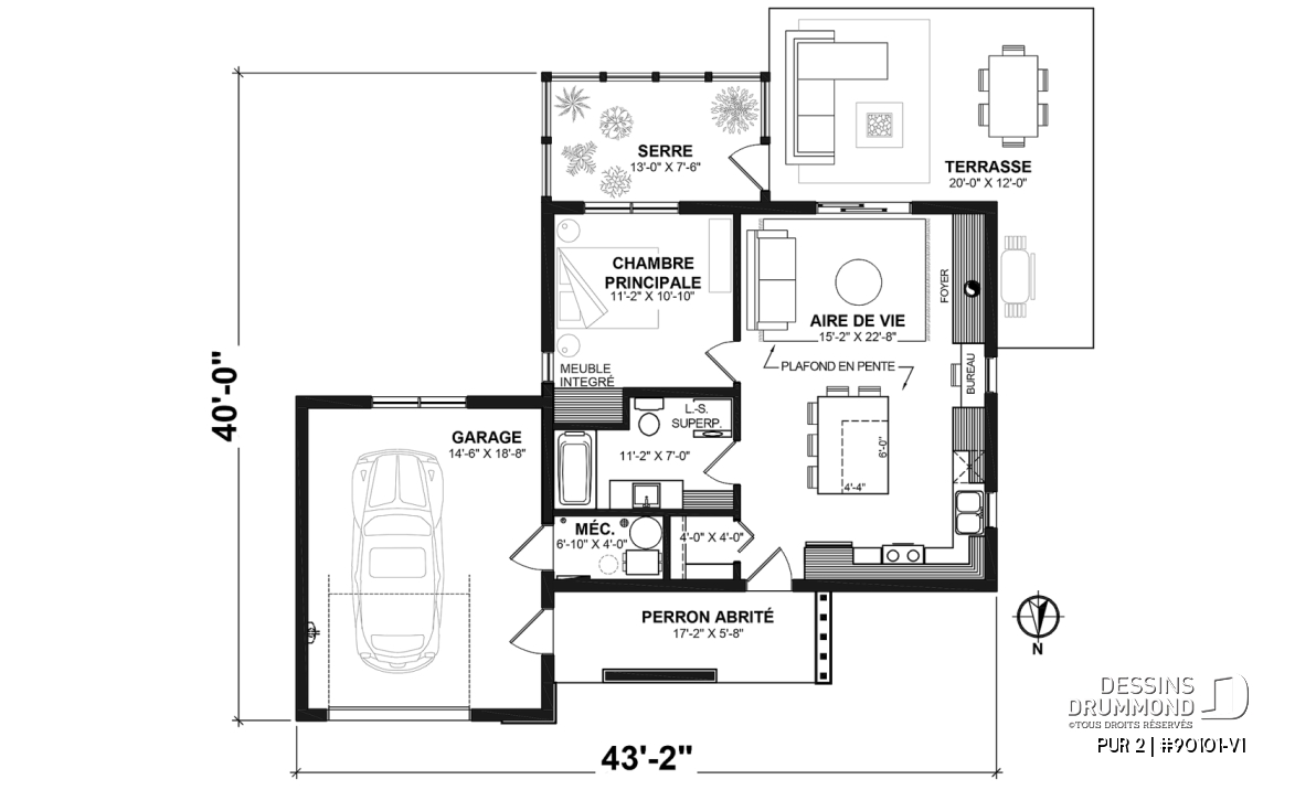 Rez-de-chaussée - Plan de petite maison éco-responsable avec serre et garage, une chambre, concept à aire ouverte - PUR 2