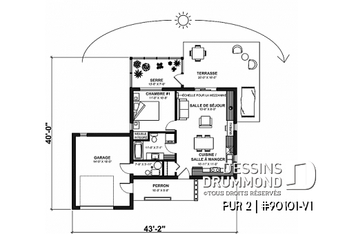 Rez-de-chaussée - Plan de mini maison écologique avec serre et garage, une chambre, concept à aire ouverte - PUR 2