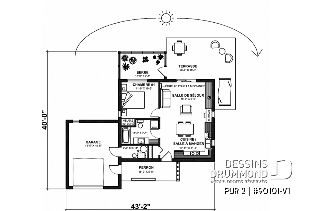 Rez-de-chaussée - Plan de mini maison écologique avec serre et garage, une chambre, mezzanine, concept à aire ouverte - PUR 2