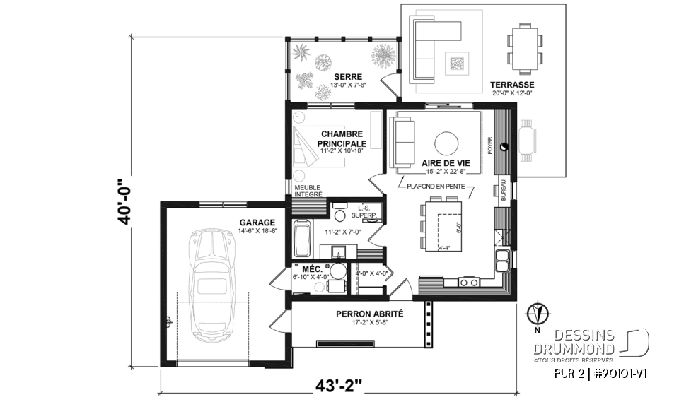 Rez-de-chaussée - Plan de petite maison éco-responsable avec serre et garage, une chambre, concept à aire ouverte - PUR 2