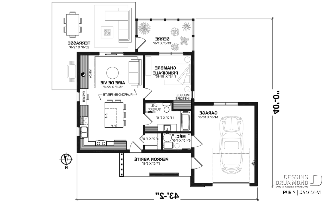 Rez-de-chaussée - Plan de petite maison éco-responsable avec serre et garage, une chambre, concept à aire ouverte - PUR 2
