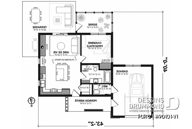 Rez-de-chaussée - Plan de petite maison éco-responsable avec serre et garage, une chambre, concept à aire ouverte - PUR 2