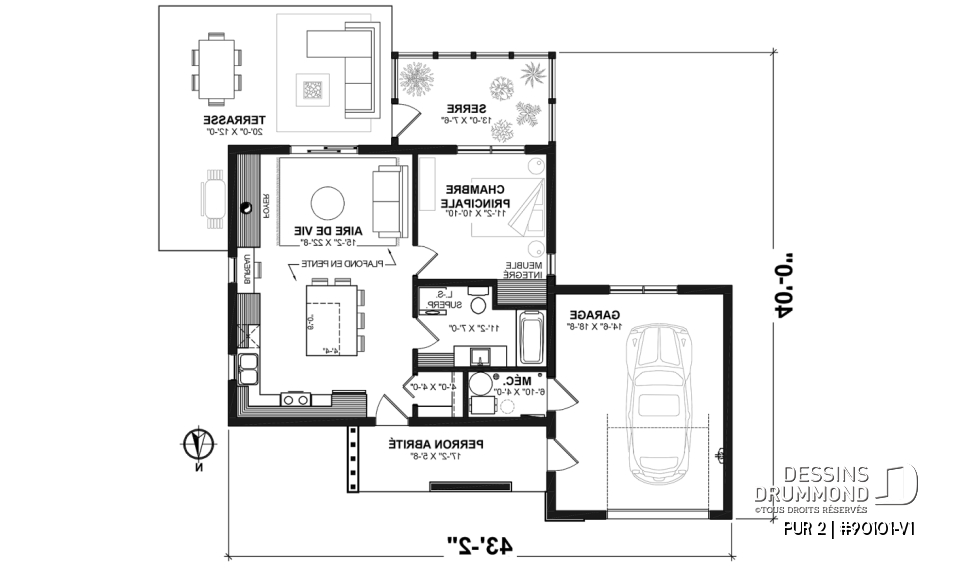 Rez-de-chaussée - Plan de petite maison éco-responsable avec serre et garage, une chambre, concept à aire ouverte - PUR 2