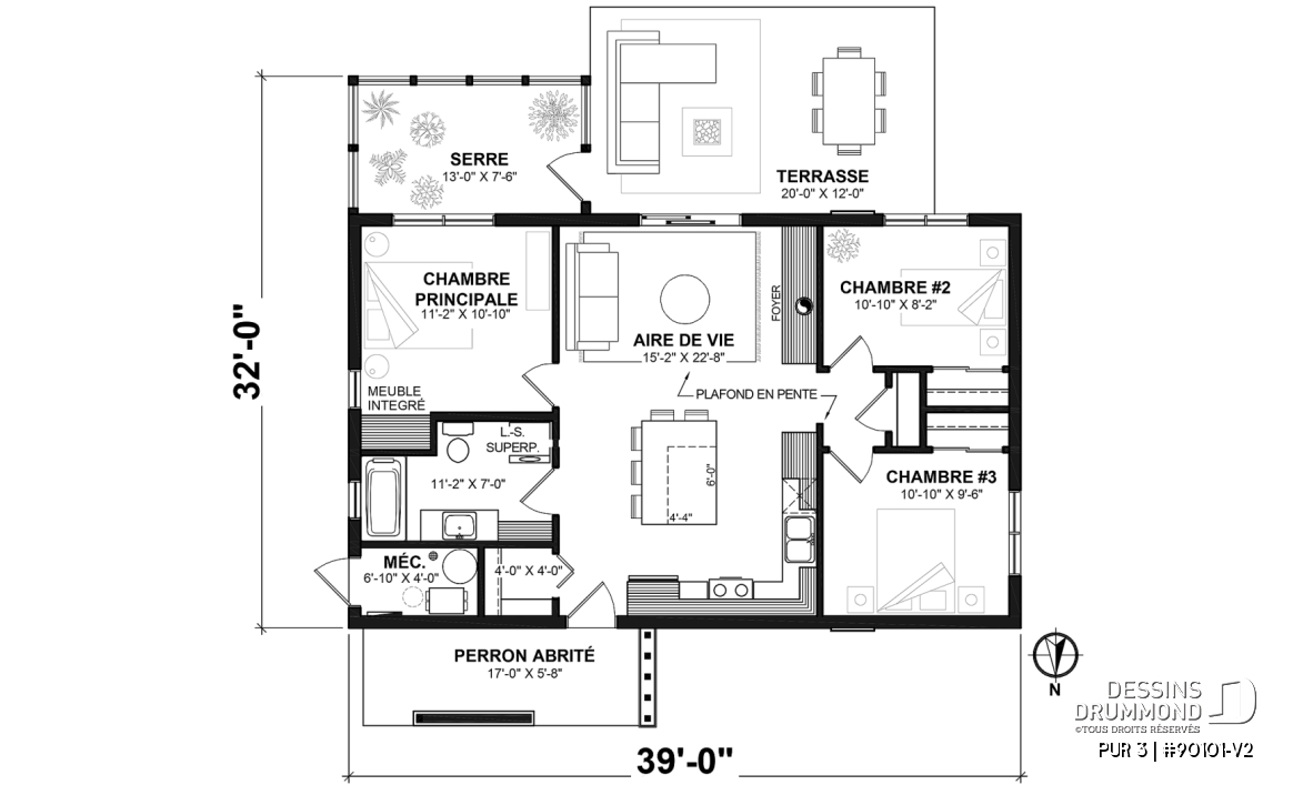 Rez-de-chaussée - Plan de maison éco-responsable avec 3 chambres, serre à légumes et espace à aire ouverte - PUR 3