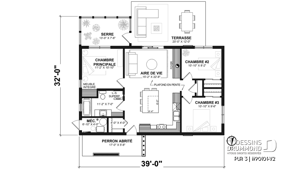 Rez-de-chaussée - Plan de maison éco-responsable avec 3 chambres, serre à légumes et espace à aire ouverte - PUR 3