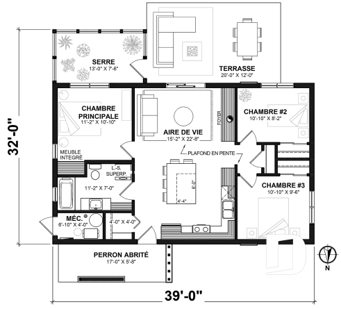 Rez-de-chaussée - Plan de maison éco-responsable avec 3 chambres, serre à légumes et espace à aire ouverte - PUR 3