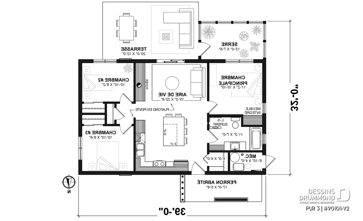 Rez-de-chaussée - Plan de maison éco-responsable avec 3 chambres, serre à légumes et espace à aire ouverte - PUR 3