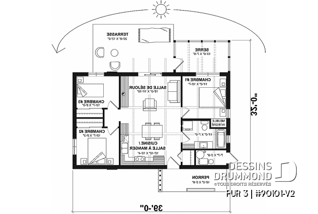 Rez-de-chaussée - Plan de maison écologique avec 3 chambres, serre à légumes et espace à aire ouverte - PUR 3
