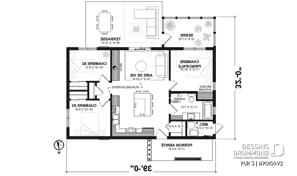 Rez-de-chaussée - Plan de maison éco-responsable avec 3 chambres, serre à légumes et espace à aire ouverte - PUR 3