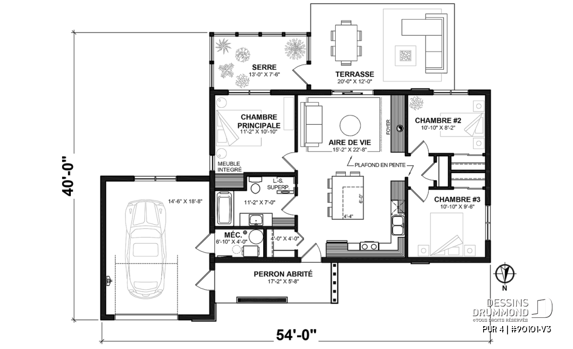 Rez-de-chaussée - Plan de maison contemporaine et éco-responsable proposant 3 chambres, une serre et un garage - PUR 4