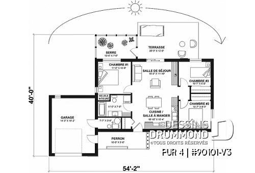 Rez-de-chaussée - Plan de maison écologique contemporaine proposant 3 chambres, une serre et un garage - PUR 4