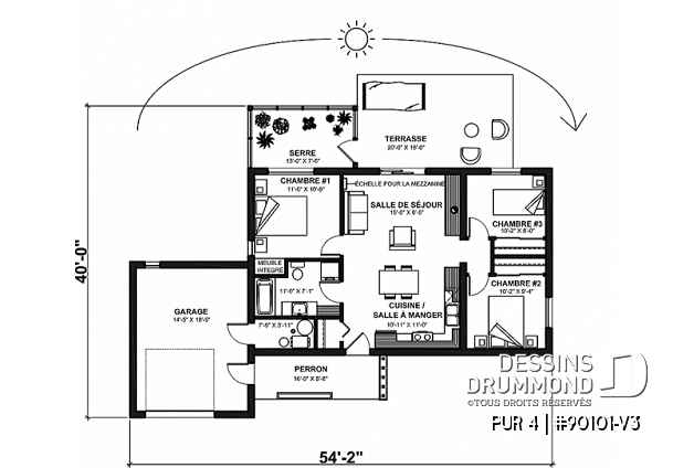 Rez-de-chaussée - Plan de maison écologique contemporaine proposant 3 chambres, une serre et un garage - PUR 4
