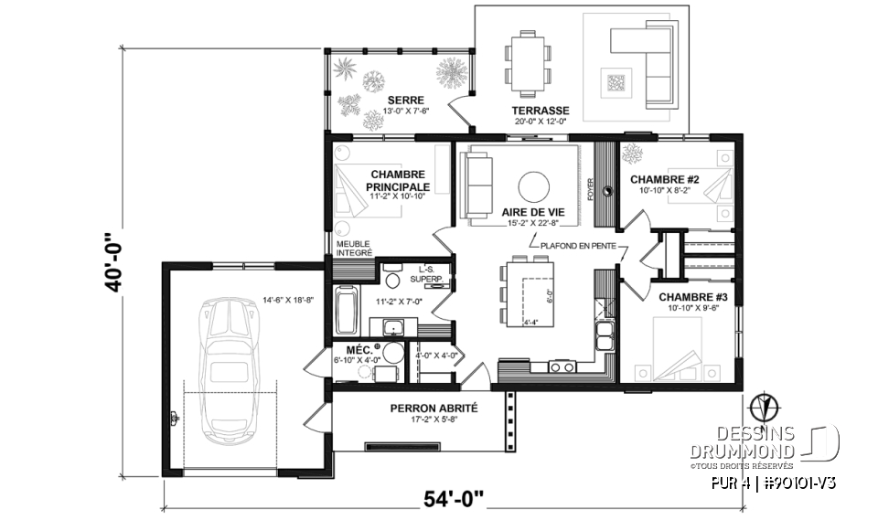 Rez-de-chaussée - Plan de maison contemporaine et éco-responsable proposant 3 chambres, une serre et un garage - PUR 4