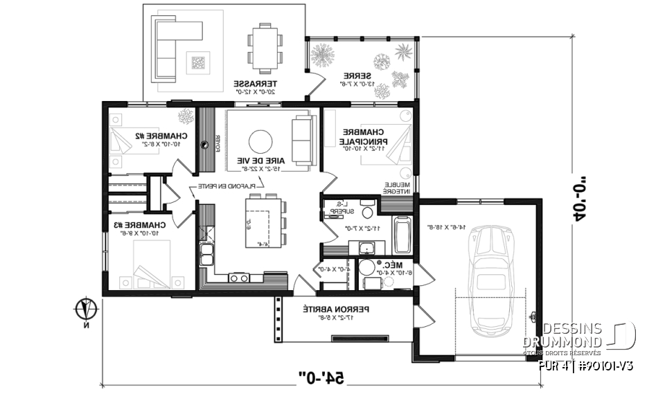 Rez-de-chaussée - Plan de maison contemporaine et éco-responsable proposant 3 chambres, une serre et un garage - PUR 4