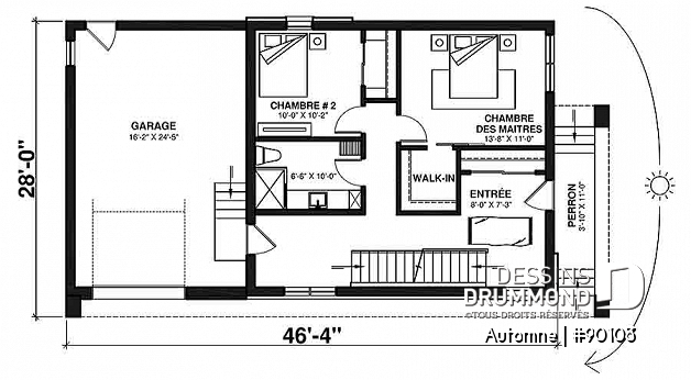 Rez-de-chaussée - Plan de maison écologique 2 à 4 chambres, garage, balcon à l'étage, coin lecture/relaxation (filet suspendu) - Automne