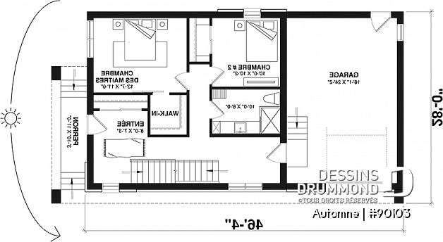 Rez-de-chaussée - Plan de maison écologique 2 à 4 chambres, garage, balcon à l'étage, coin lecture/relaxation (filet suspendu) - Automne