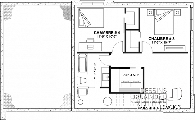 Sous-sol - Plan de maison écologique 2 à 4 chambres, garage, balcon à l'étage, coin lecture/relaxation (filet suspendu) - Automne