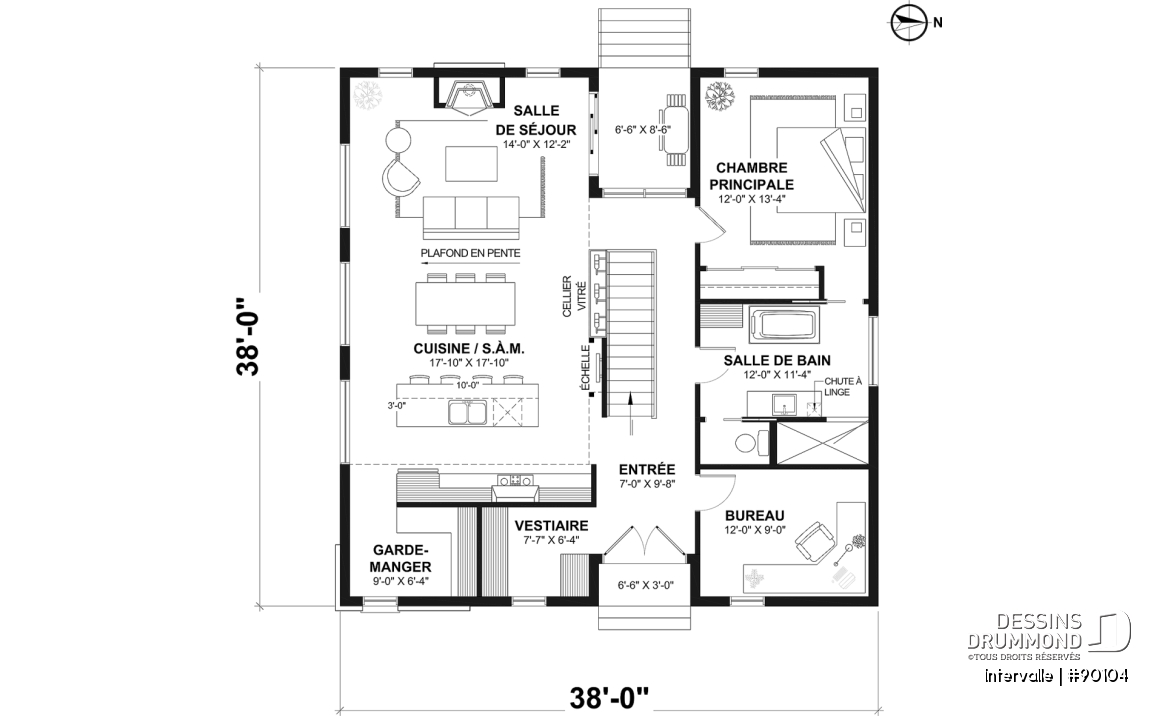 Rez-de-chaussée - Plan maison éco-responsable 1 à 4 chambres, bureau, foyer, mezzanine, vestiaire, s-sol aménagé optionnel ($) - Intervalle