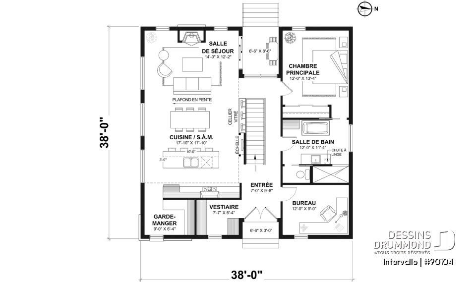 Rez-de-chaussée - Plan maison éco-responsable 1 à 4 chambres, bureau, foyer, mezzanine, vestiaire, s-sol aménagé optionnel ($) - Intervalle