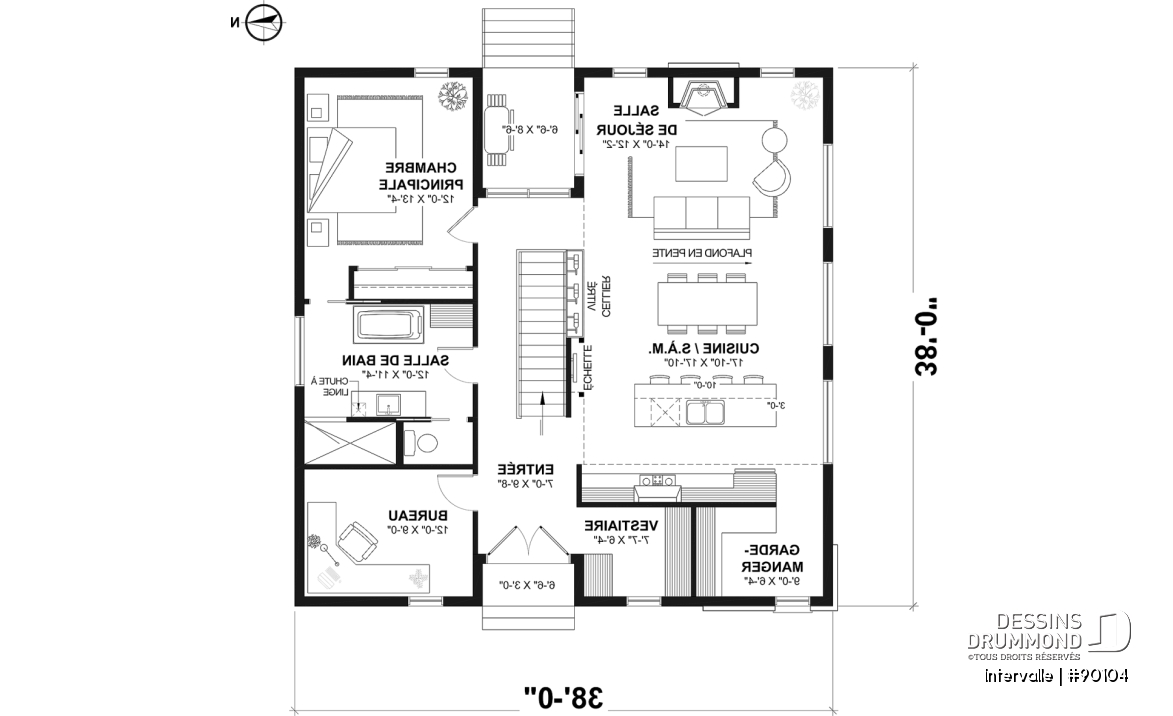 Rez-de-chaussée - Plan maison éco-responsable 1 à 4 chambres, bureau, foyer, mezzanine, vestiaire, s-sol aménagé optionnel ($) - Intervalle