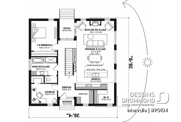 Rez-de-chaussée - Plan de maison éco responsable 1 à 4 chambres, bureau, aire ouverte, 2 salons, foyer, mezzanine - Intervalle