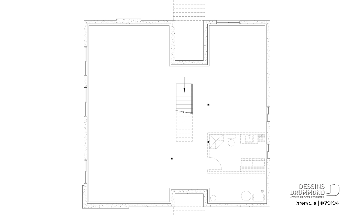 Sous-sol aménageable - Plan maison éco-responsable 1 à 4 chambres, bureau, foyer, mezzanine, vestiaire, s-sol aménagé optionnel ($) - Intervalle