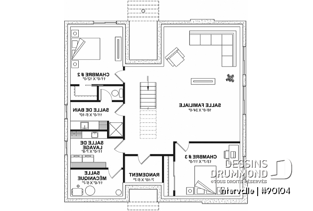 Sous-sol - Plan de maison éco responsable 1 à 4 chambres, bureau, aire ouverte, 2 salons, foyer, mezzanine - Intervalle