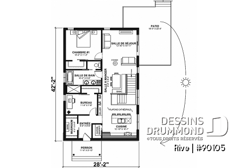 Rez-de-chaussée - Plan de petite maison écologique proposant 3 chambres, cuisine avec cellier et garde-manger, bureau à domicile - Rive