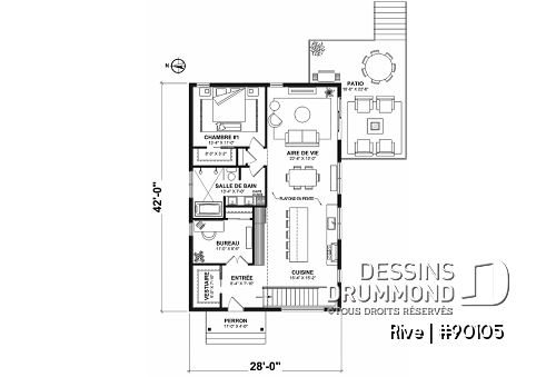 Rez-de-chaussée - Plan de petite maison éco-responsable, 3 chambres, grande cuisin, bureau à domicile - Rive