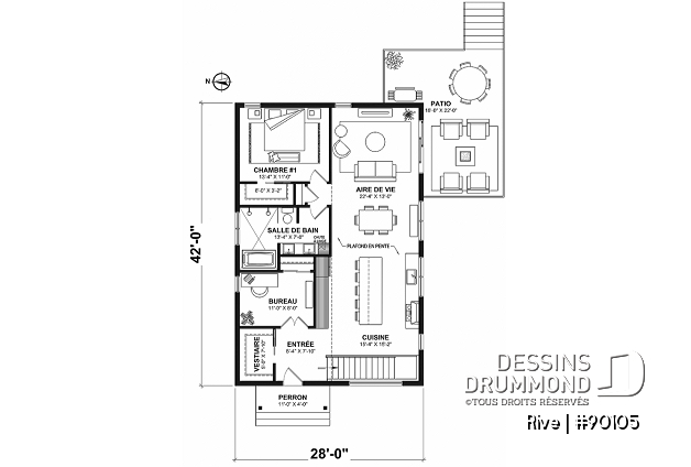 Rez-de-chaussée - Plan de petite maison éco-responsable, 3 chambres, grande cuisine, bureau à domicile - Rive