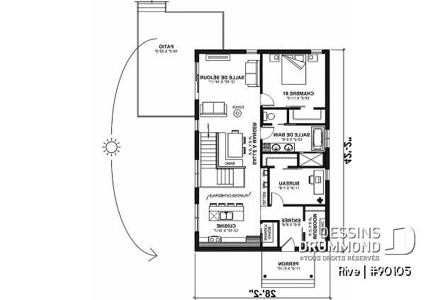 Rez-de-chaussée - Plan de petite maison écologique proposant 3 chambres, cuisine avec cellier et garde-manger, bureau à domicile - Rive
