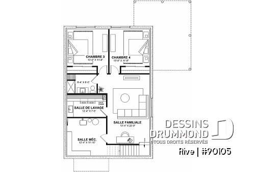 Sous-sol aménagé - Plan de petite maison éco-responsable, 3 chambres, grande cuisin, bureau à domicile - Rive