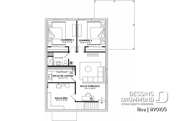 Sous-sol aménagé - Plan de petite maison éco-responsable, 3 chambres, grande cuisine, bureau à domicile - Rive