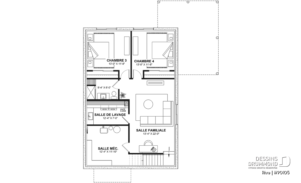 Sous-sol aménagé (Optionel $) - Plan de petite maison scandinave éco-responsable, 1 à 4 chambres, bureau, finition sous-sol optionnel ($) - Rive