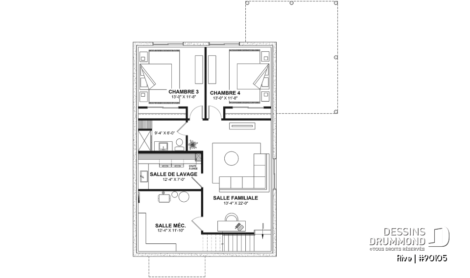 Sous-sol aménagé (Optionel $) - Plan de petite maison scandinave éco-responsable, 1 à 4 chambres, bureau, finition sous-sol optionnel ($) - Rive