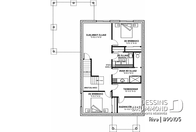 Sous-sol - Plan de petite maison écologique proposant 3 chambres, cuisine avec cellier et garde-manger, bureau à domicile - Rive
