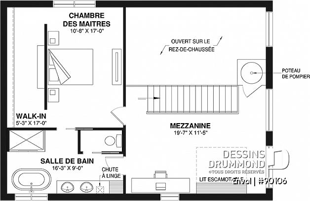 Étage - Plan de maison genre chalet contemporain, 3 chambres, 2 salons, amusant poteau de pompier - Envol