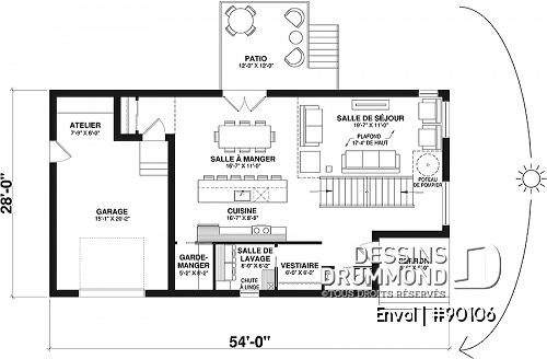 Rez-de-chaussée - Plan de maison genre chalet contemporain, 3 chambres, 2 salons, amusant poteau de pompier - Envol
