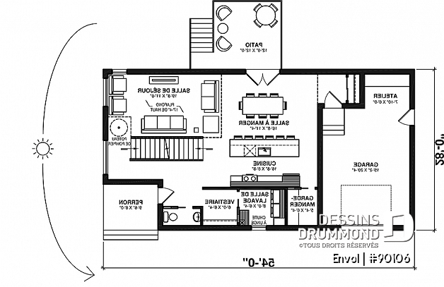 Rez-de-chaussée - Plan de maison genre chalet contemporain, 3 chambres, 2 salons, amusant poteau de pompier - Envol