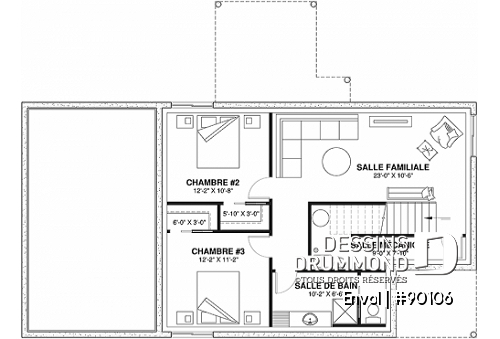 Sous-sol - Plan de maison genre chalet contemporain, 3 chambres, 2 salons, amusant poteau de pompier - Envol