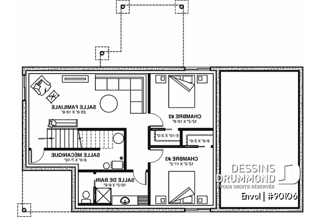 Sous-sol - Plan de maison genre chalet contemporain, 3 chambres, 2 salons, amusant poteau de pompier - Envol