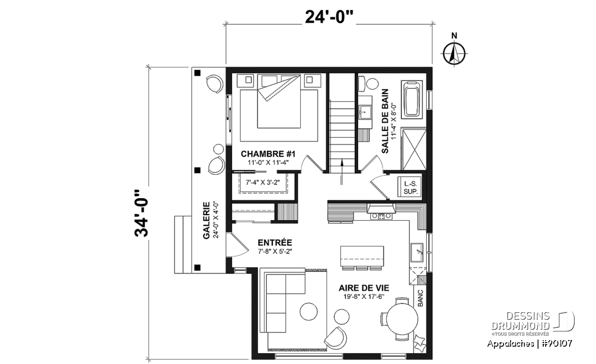 Rez-de-chaussée - Plan de chalet ou petite maison éco-responsable, 1 à 3 chambres, galerie abritée, s-sol aménagé optionnel ($) - Appalaches